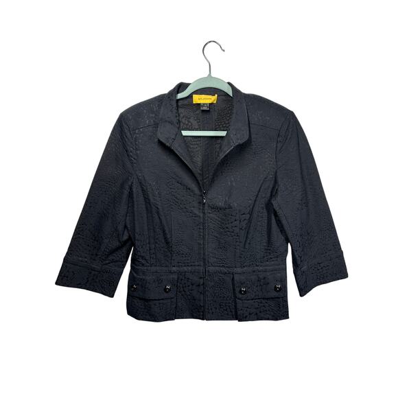 St John Embossed Textured Blazer Jacket Zip Front 1/2 Sleeve Pockets Black Sz 10 - Picture 1 of 15